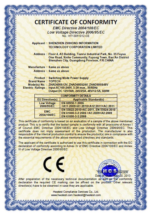CE Certificate 600W Power Supply